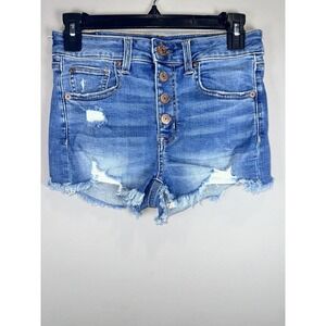 American Eagle Denim Cutoff Hi Rise Shortie Shorts Button Fly Distressed Size 2